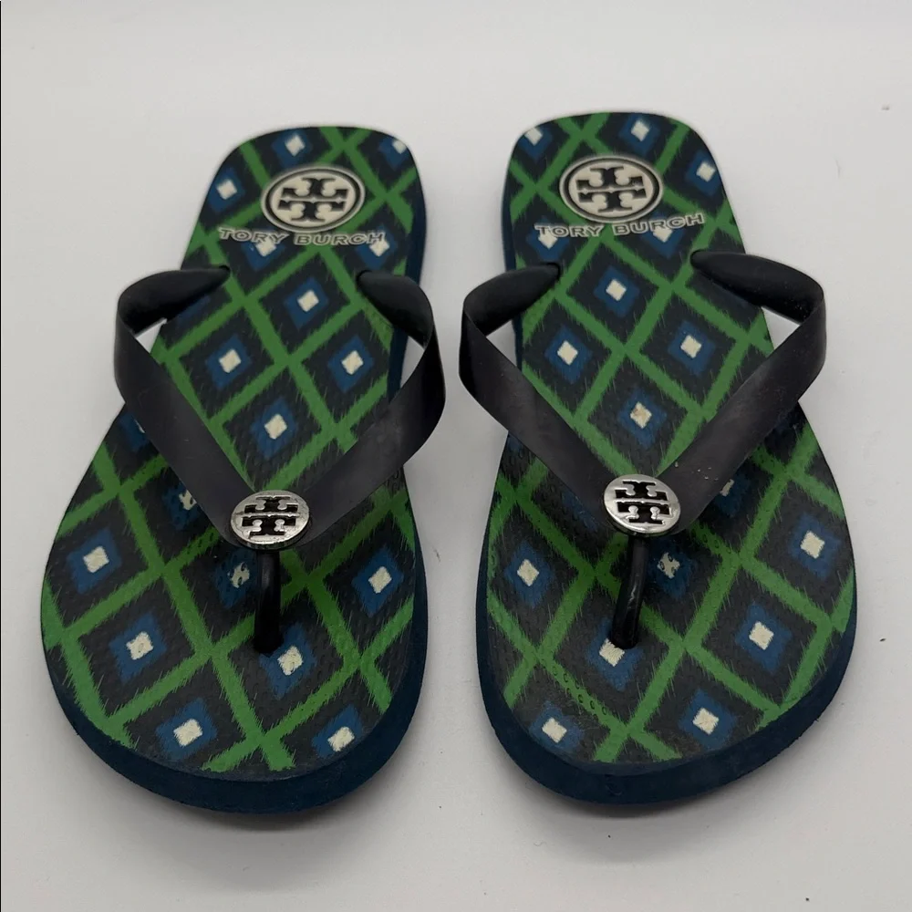 Tory‎ Burch Dark Blue and Green Patterned Flip Flops